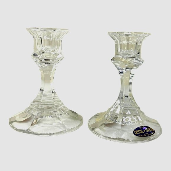 Lead Crystal Candle Holders Set Of 2 Made In USA Elegant Design NOS NWT - Picture 1 of 8
